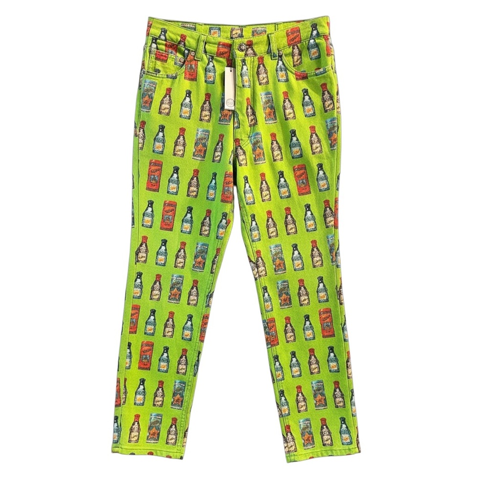 Versace 90’s Perfume Bottle Print pants Lime Green Printed Skinny Bottoms